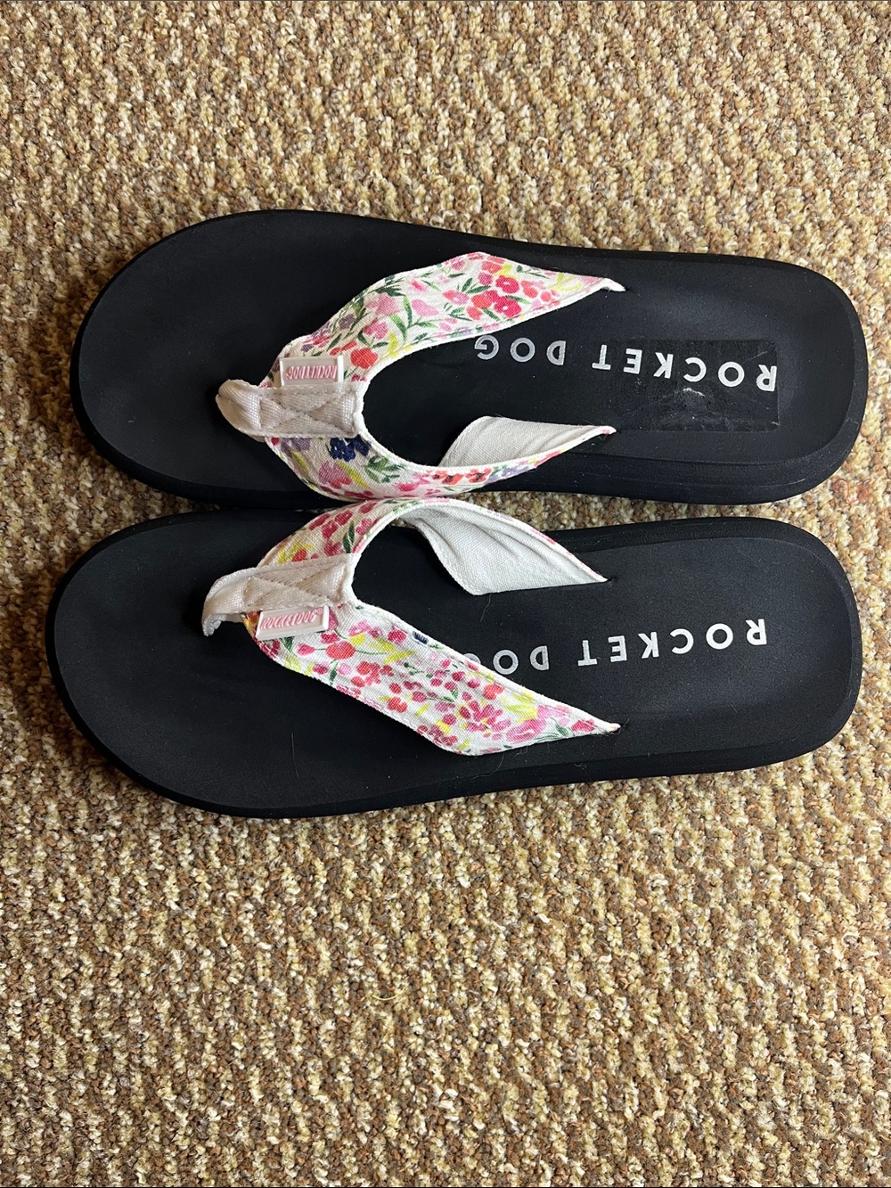 Rocket Dog Black Flip Flops with Pink Floral Straps